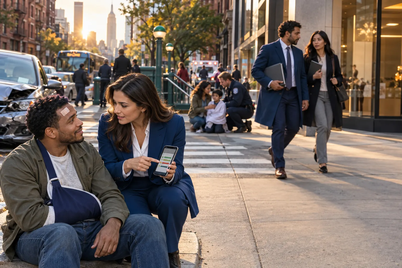 New York personal injury attorney supporting client beside legal documents and city skyline