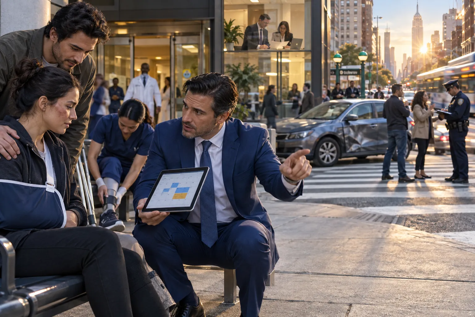 New York Uber accident lawyer consulting client at desk with case files