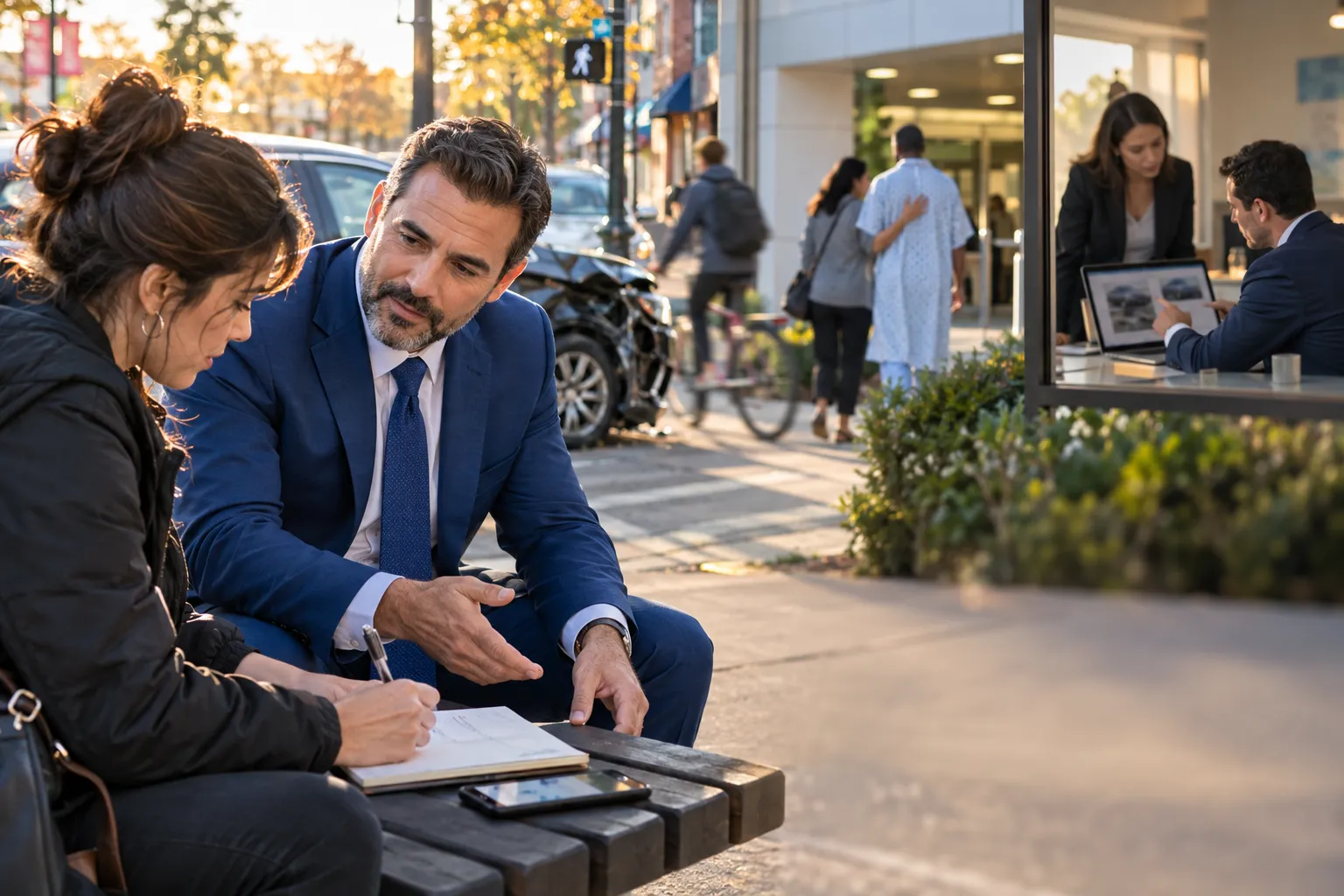 Supportive attorney guiding client through UIM claim paperwork after crash