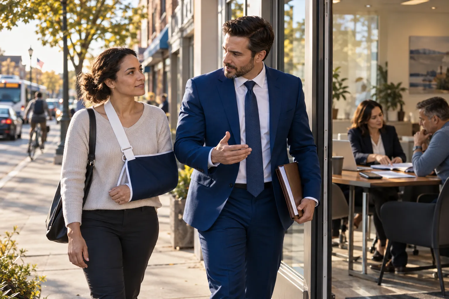 Suffolk County UIM attorney consulting with client at law office desk