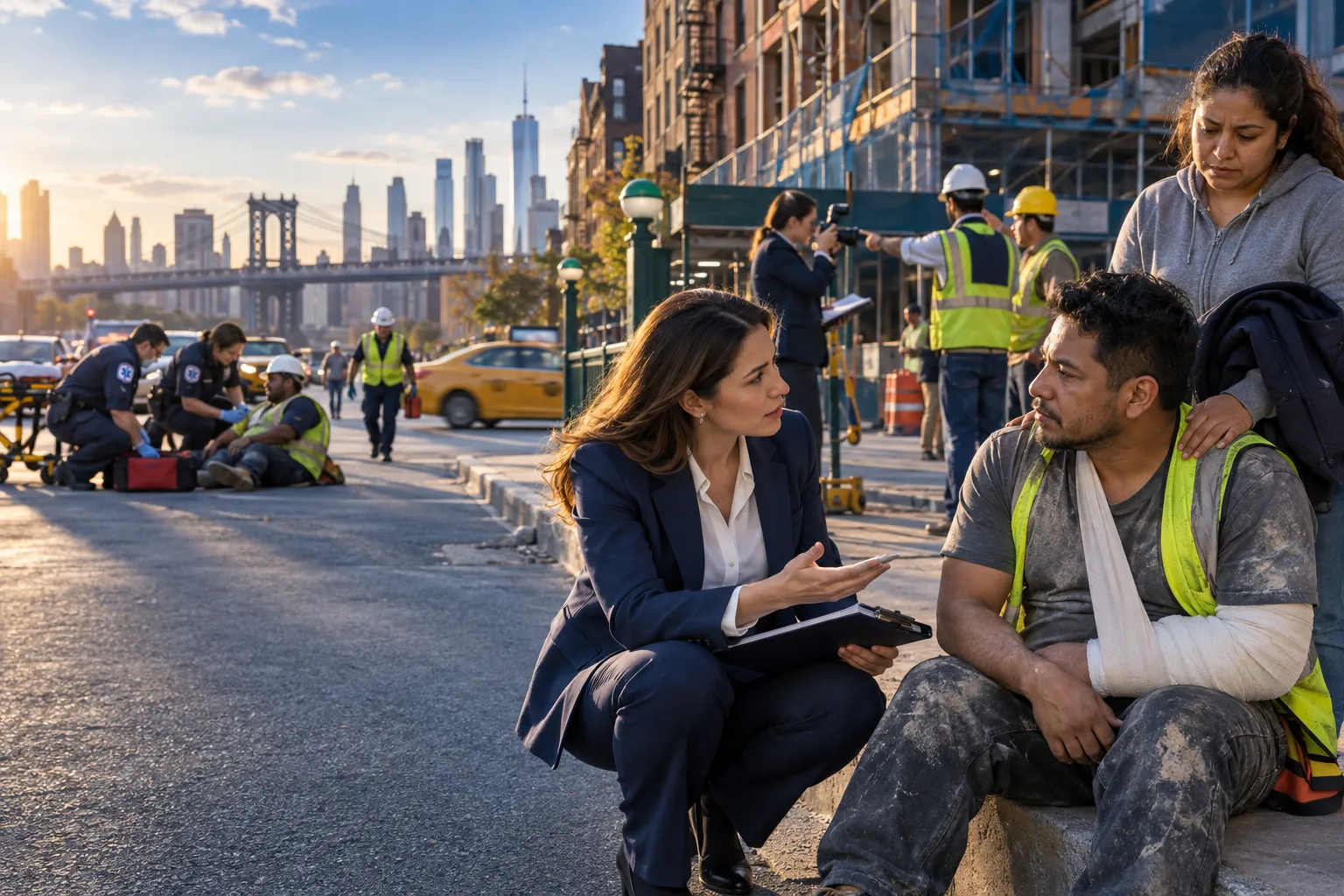 Construction worker with lawyer reviewing injury claim documents in New York