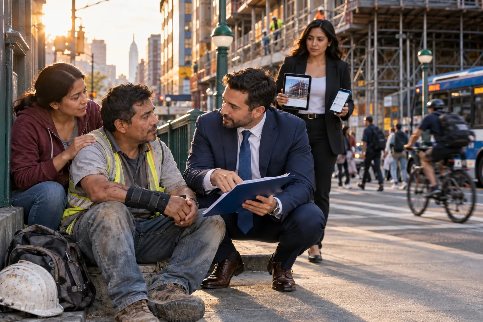 Construction worker in hard hat consulting with lawyer at job site