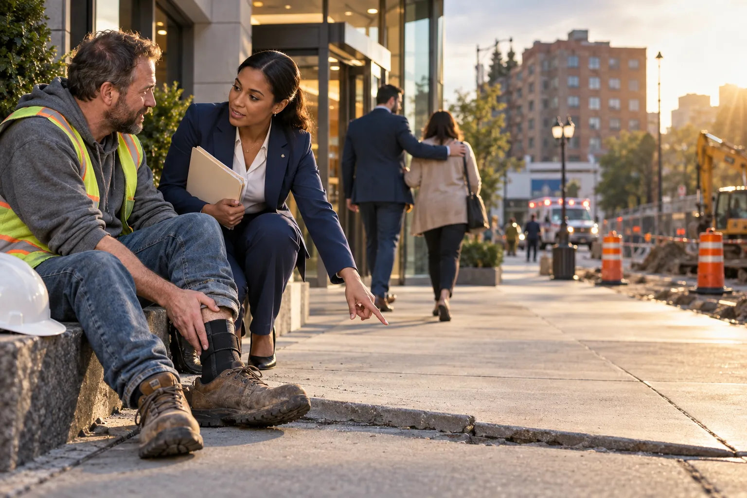 Injured construction worker on uneven ground beside workers' compensation documents