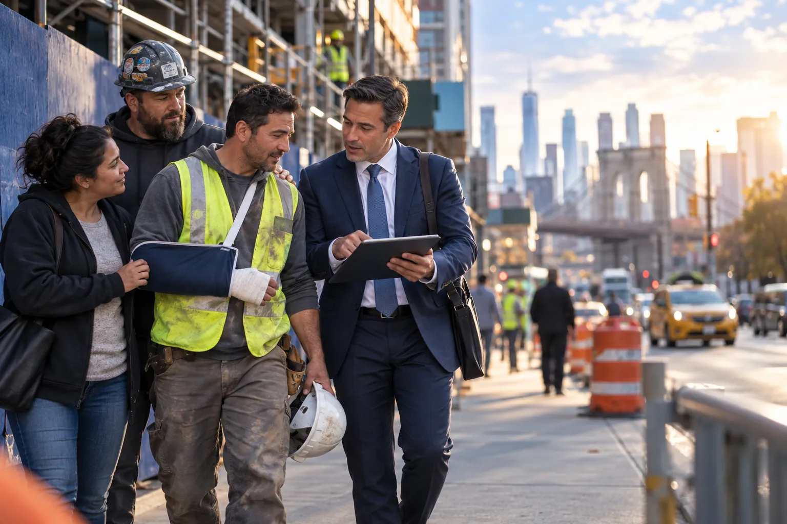 Construction worker in hard hat shaking hands with advocate at NYC site