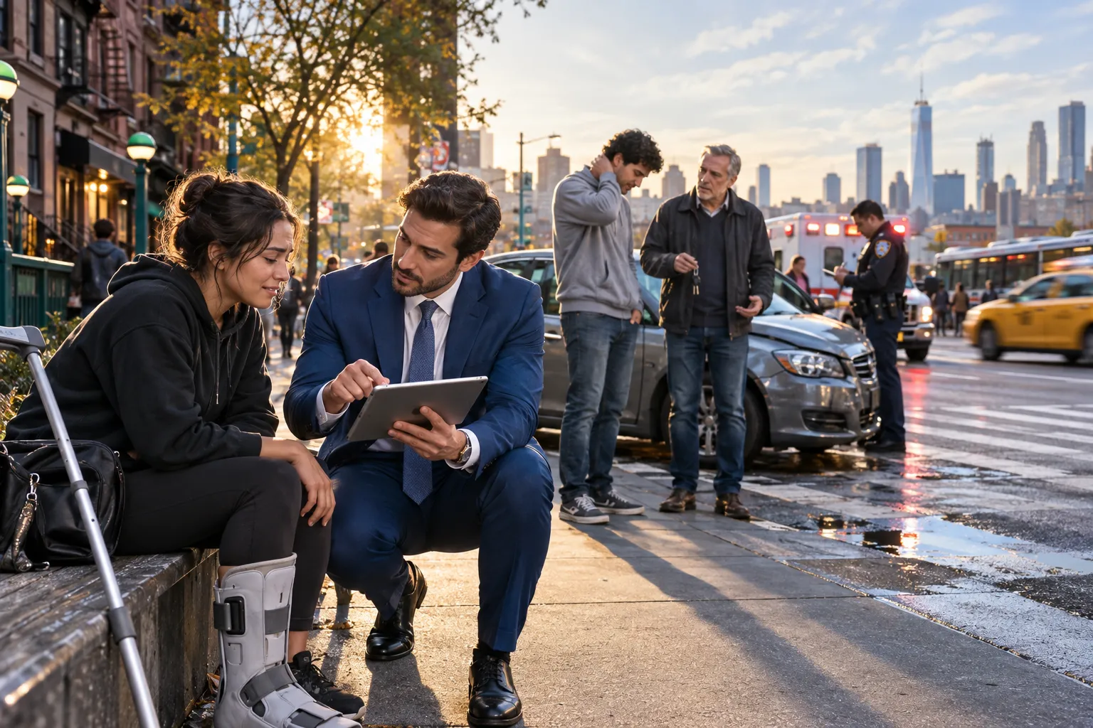 Attorney and client discussing car accident liability beside vehicle