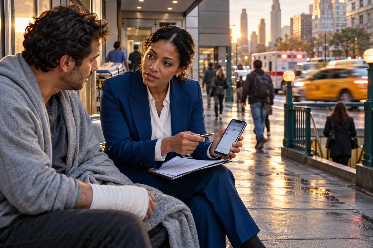 New York car accident lawyer consulting injured client at desk