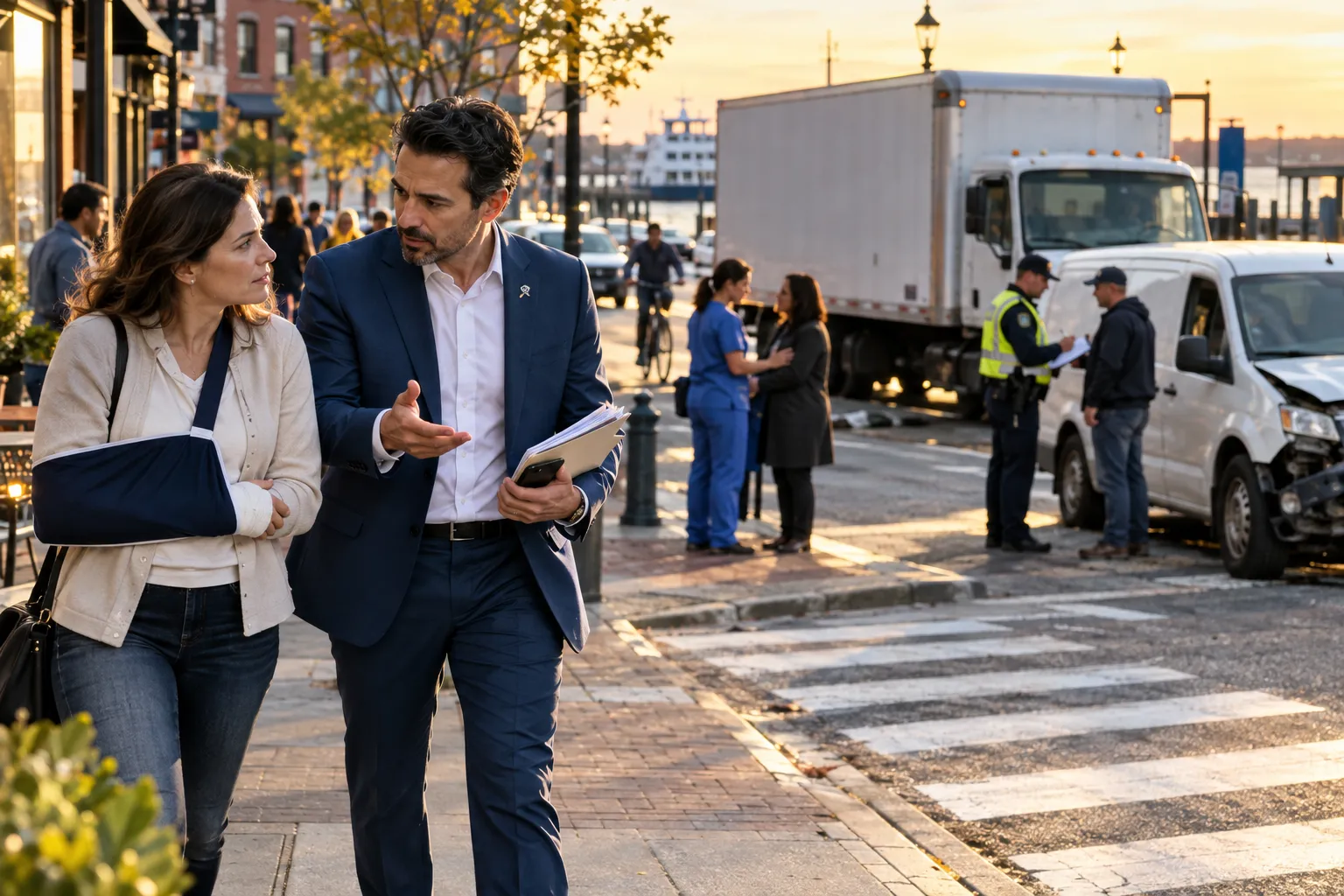 UPS delivery truck beside a personal injury lawyer assisting an injured client