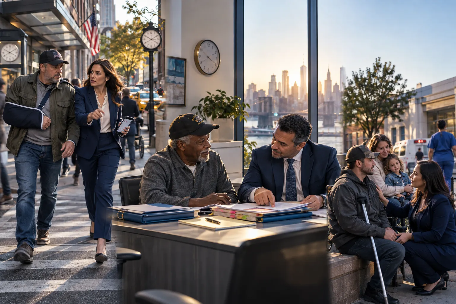 Legal advocate supporting veteran client beside VA benefits documents and scales of justice