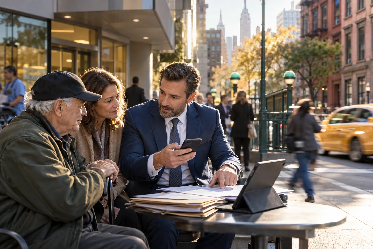 Veteran New York nursing home abuse lawyer reviewing case documents with elderly client