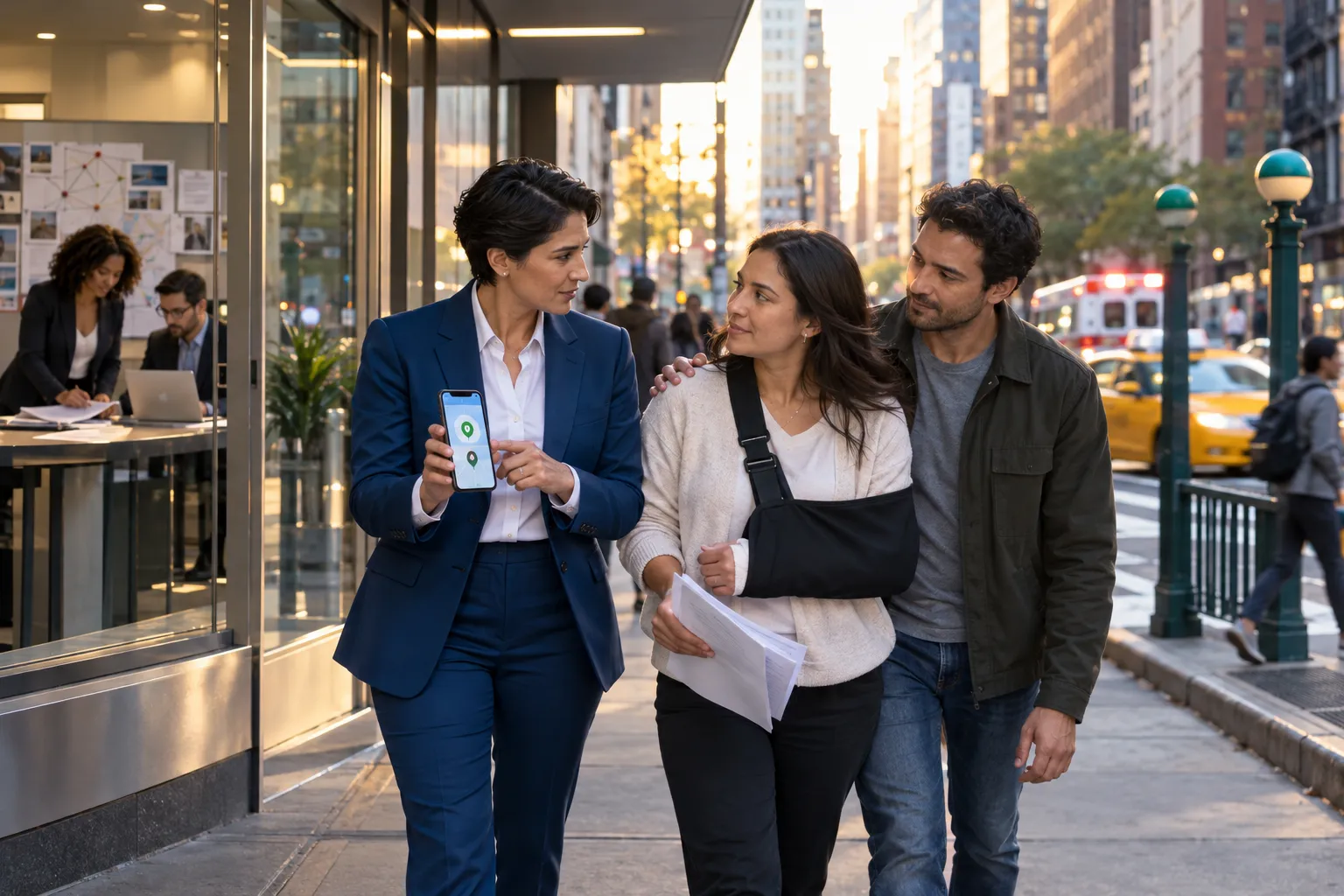 New York personal injury attorney supporting client beside rideshare car, phone app visible