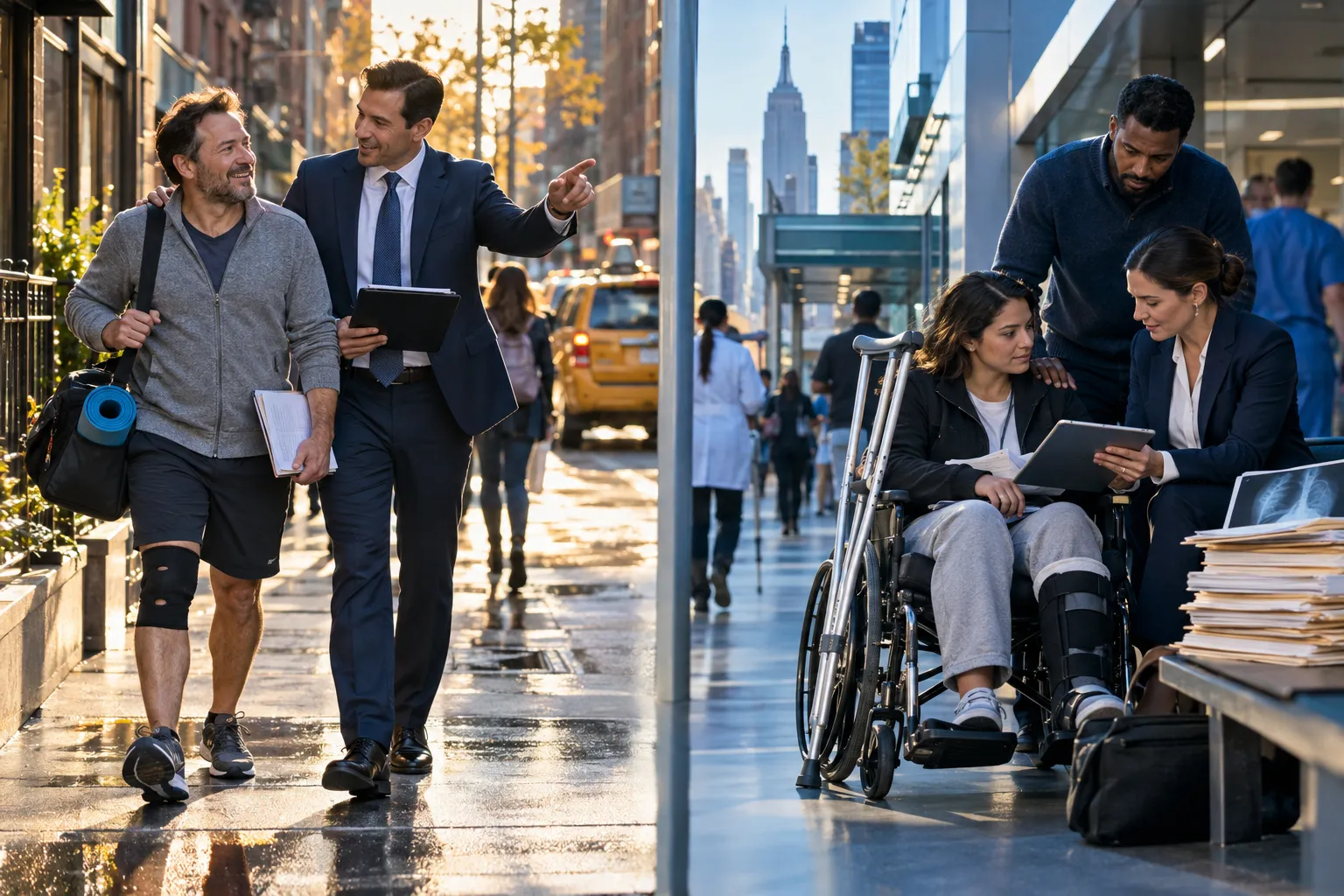 Personal injury attorney supporting injured client beside settlement comparison chart