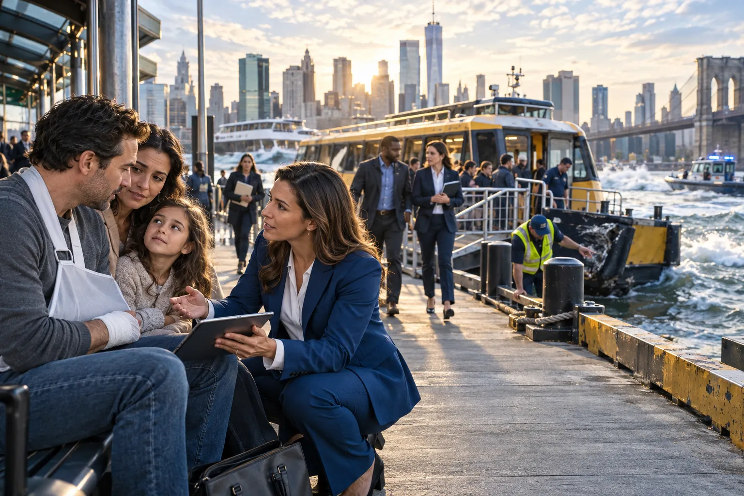 Water taxi navigating New York harbor with skyline behind it