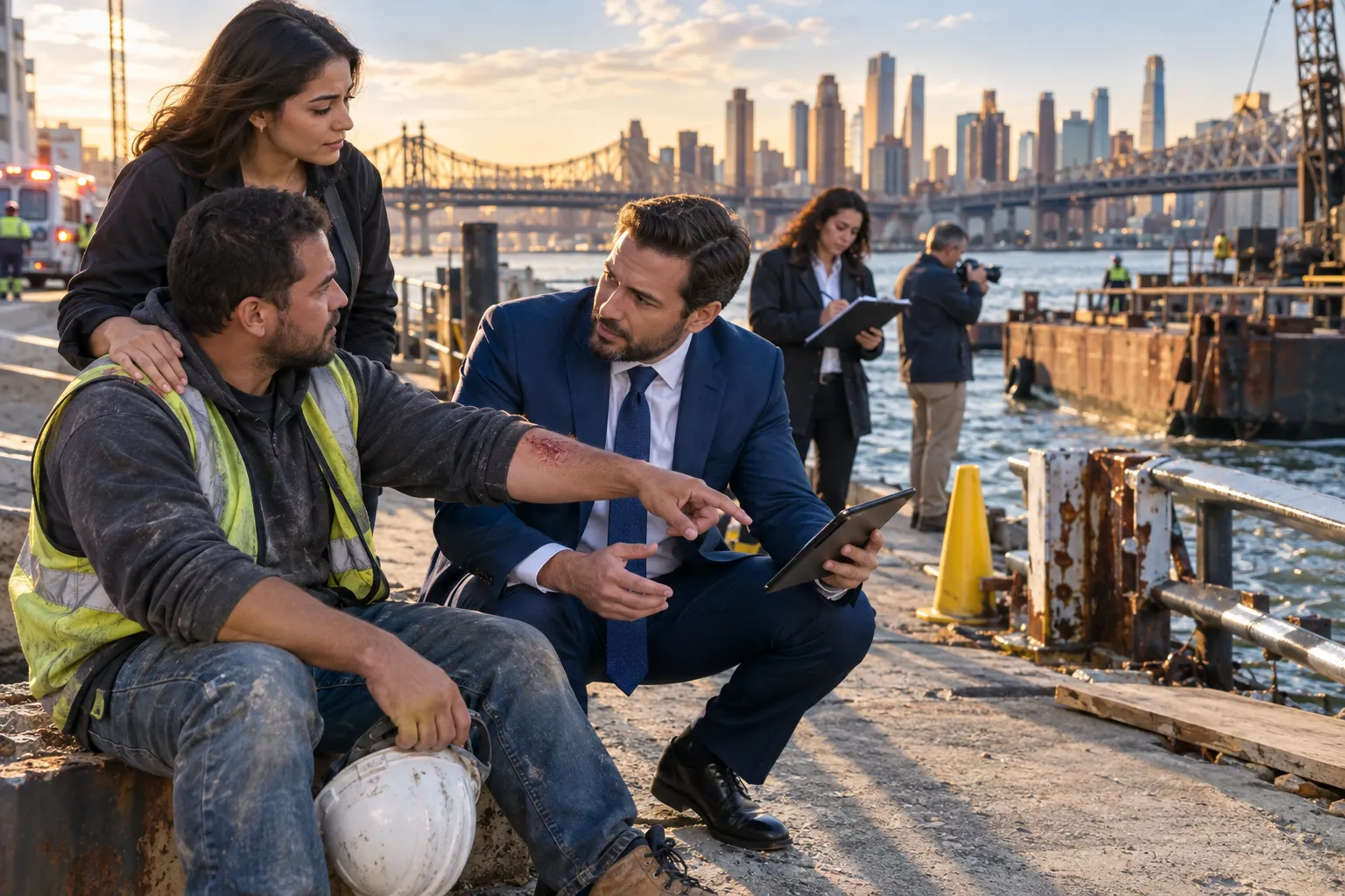 Queens waterfront construction injury lawyer reviewing case documents with client
