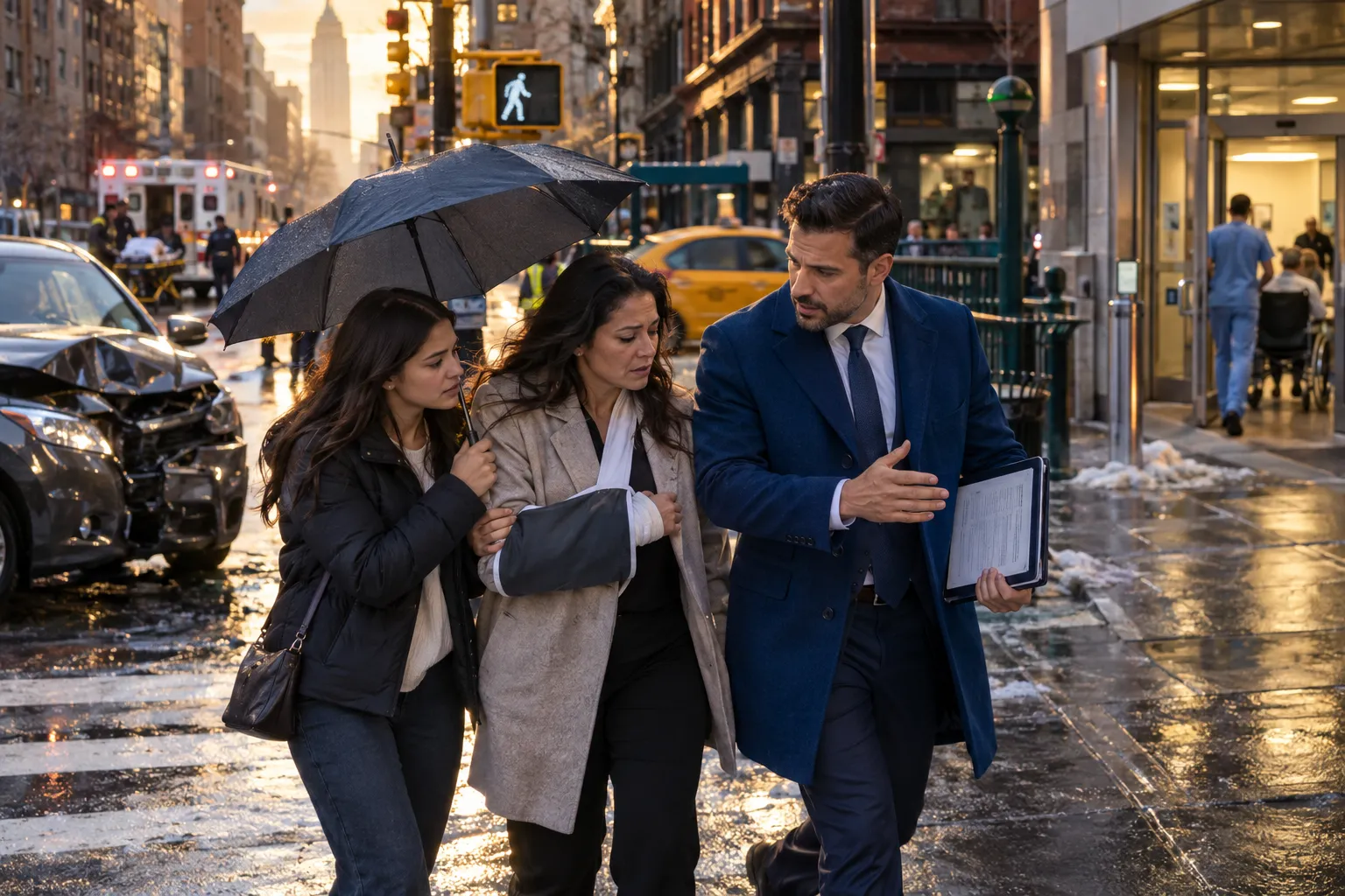 New York car accident lawyer consulting client about weather-related crash claim