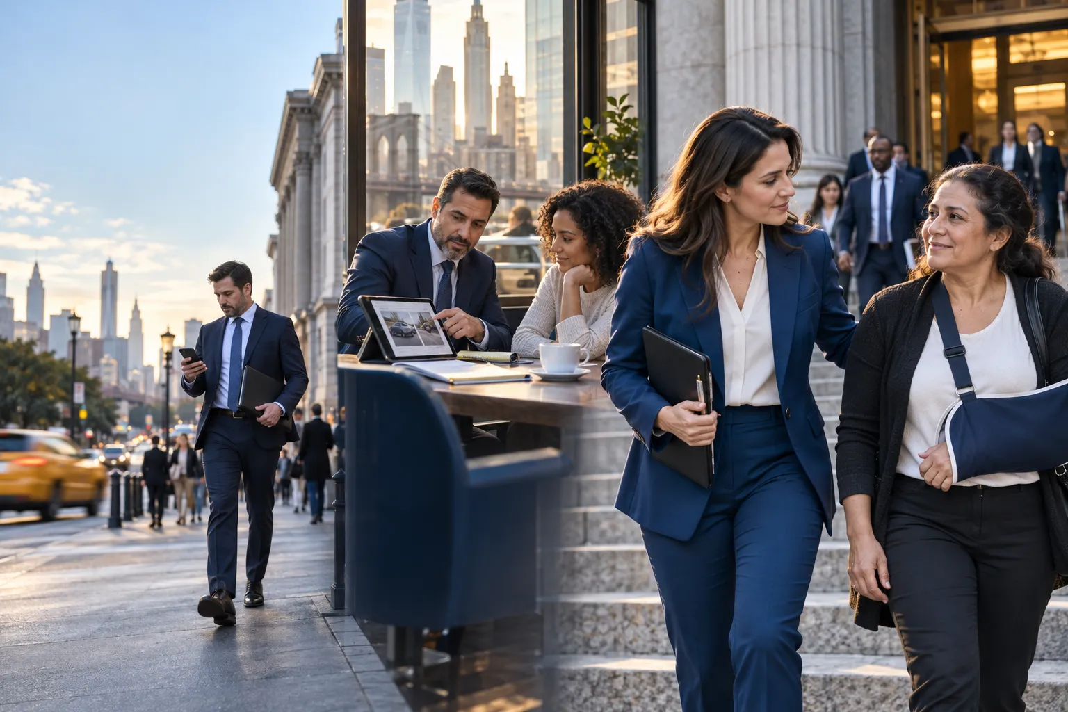 Attorney guiding injury client through conference, courthouse steps, support