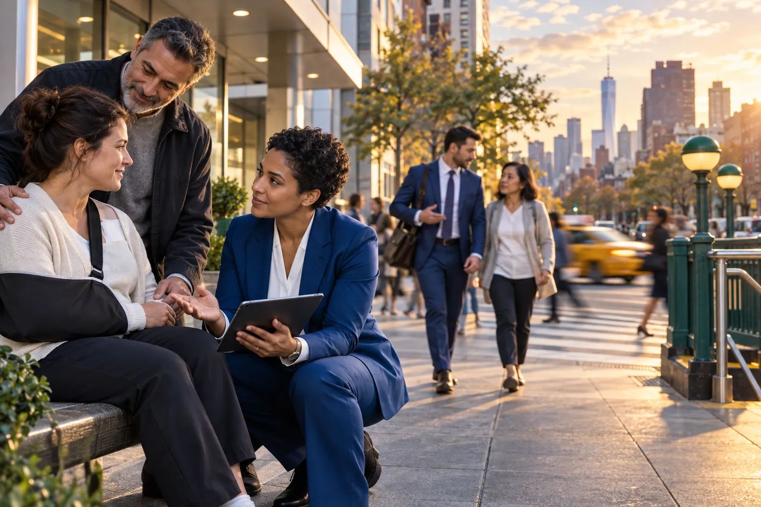New York attorney consulting client, scales of justice, legal advocacy scene
