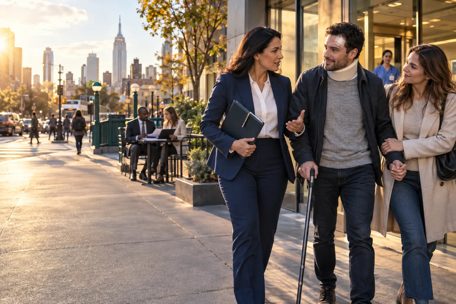 Brain injury lawyer supporting injured client with legal documents, New York office