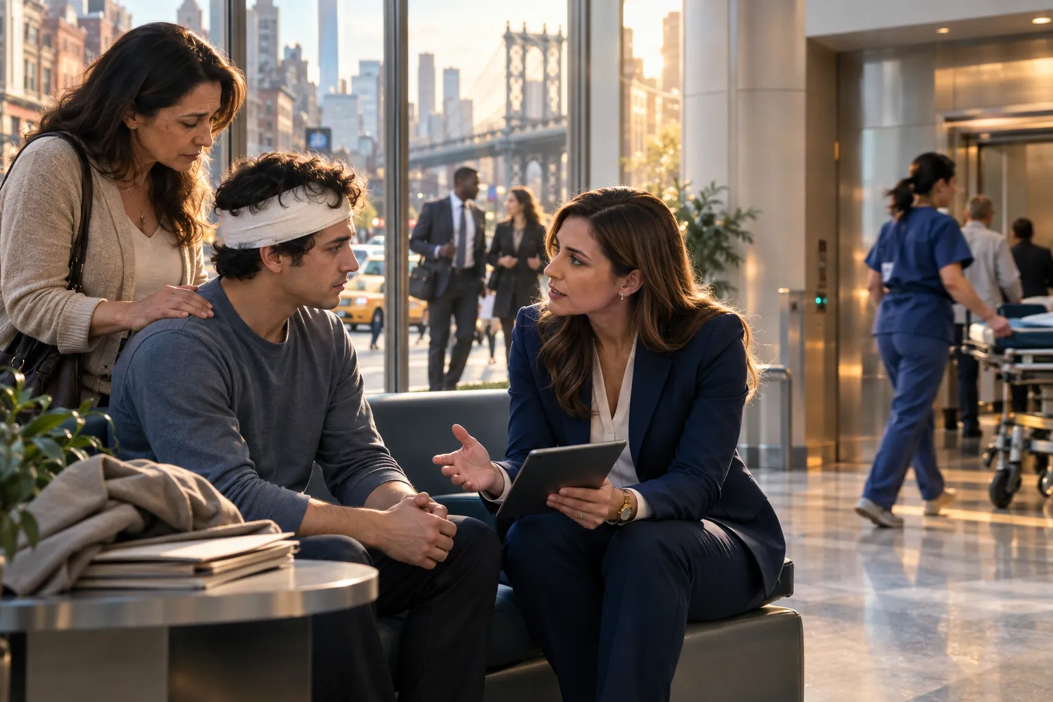 Attorney consulting with brain injury client at New York law office